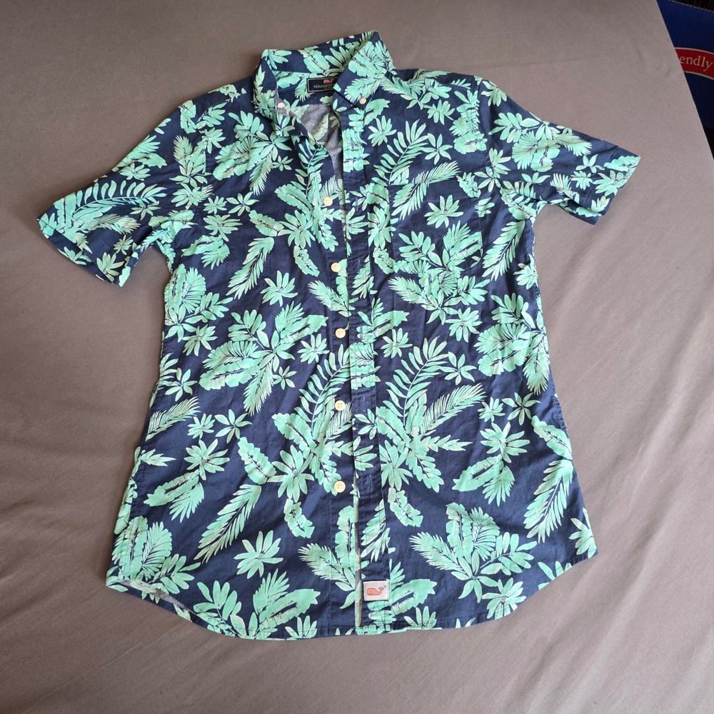 Vineyard Vines Murray Shirt Mens XS Navy Mint Green Tropical Floral Slim Fit
